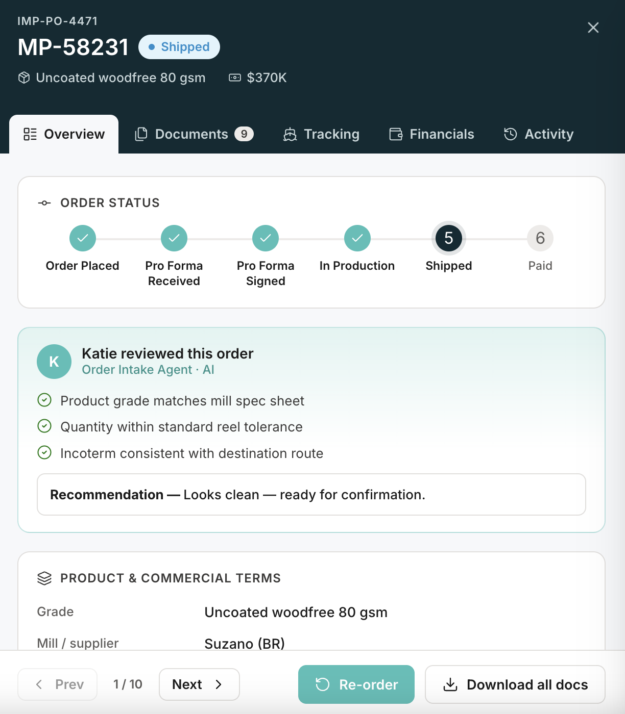 AI review — order intake agent checks and recommendation