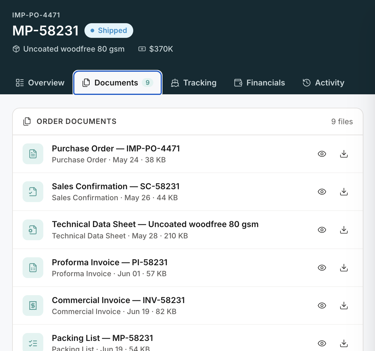 Document center — order documents